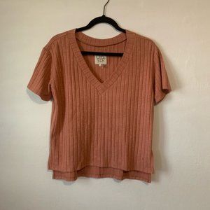 Chaser Peach Ribbed Oversized V Neck Top
